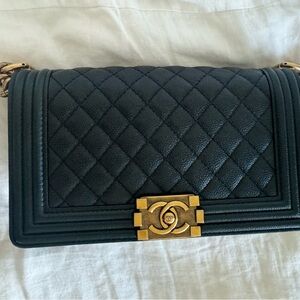 Navy blue Authentic Chanel boy bag medium size caviar leather